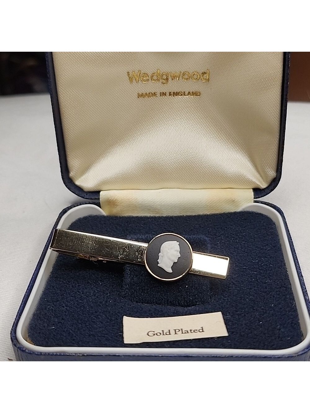 Vintage Wedgwood white/black Jasperware Tie clip 14k Gold Plated